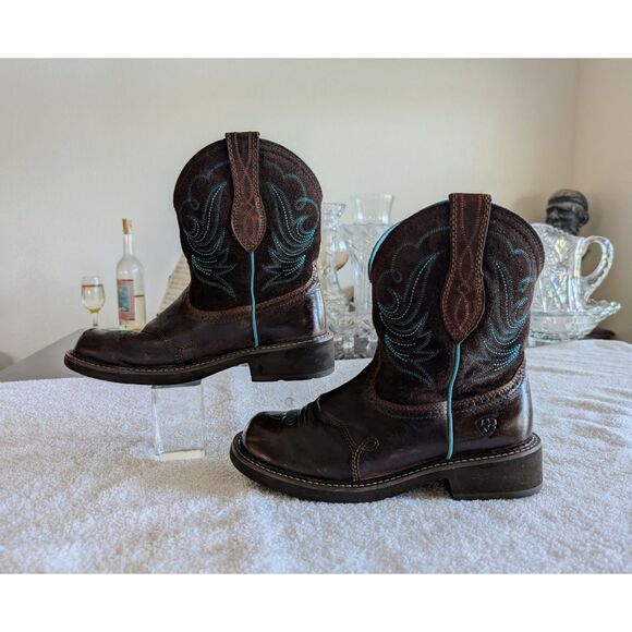 Ariat Women Western Boots Brown Turquoise Stitching Leather Round Toe - Picture 2 of 15